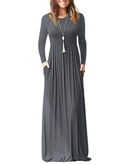 AUSELILY Women Long Sleeve Loose Plain Maxi Dresses With Pockets