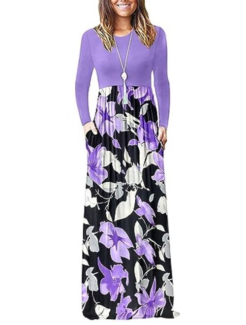 AUSELILY Women Long Sleeve Loose Plain Maxi Dresses With Pockets