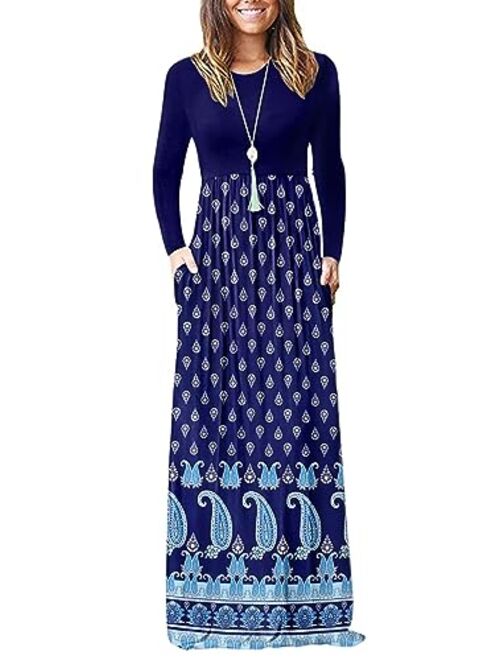 AUSELILY Women Long Sleeve Loose Plain Maxi Dresses With Pockets