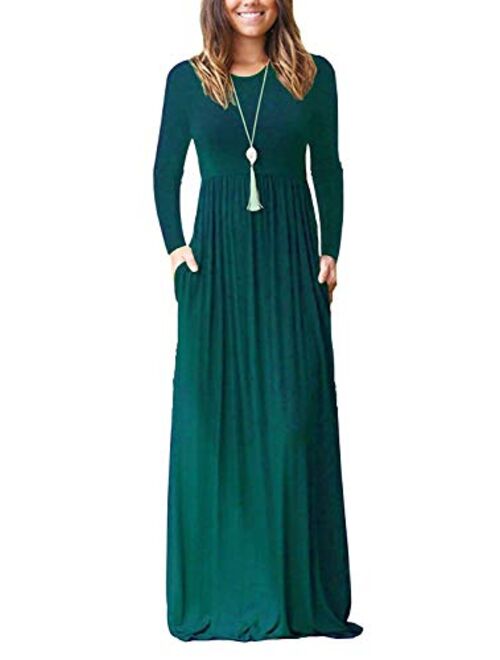 AUSELILY Women Long Sleeve Loose Plain Maxi Dresses With Pockets