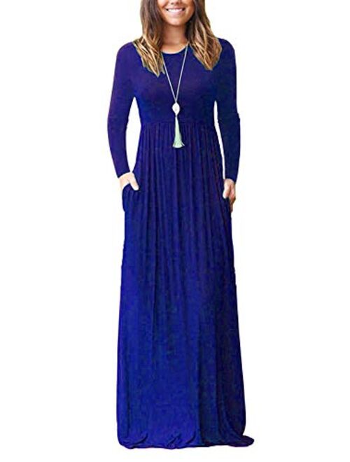 AUSELILY Women Long Sleeve Loose Plain Maxi Dresses With Pockets