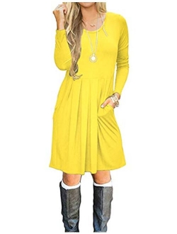 AUSELILY Women's Long Sleeve Pleated Loose Swing Casual Dress with Pockets Knee Length