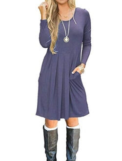 AUSELILY Women's Long Sleeve Pleated Loose Swing Casual Dress with Pockets Knee Length