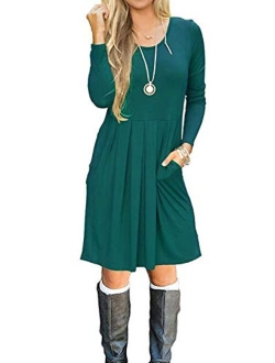 AUSELILY Women's Long Sleeve Pleated Loose Swing Casual Dress with Pockets Knee Length