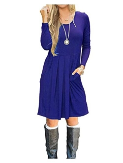 AUSELILY Women's Long Sleeve Pleated Loose Swing Casual Dress with Pockets Knee Length