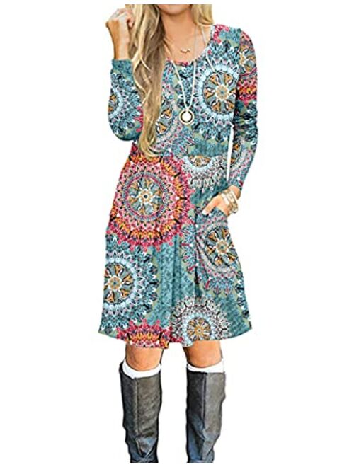 AUSELILY Women's Long Sleeve Pleated Loose Swing Casual Dress with Pockets Knee Length