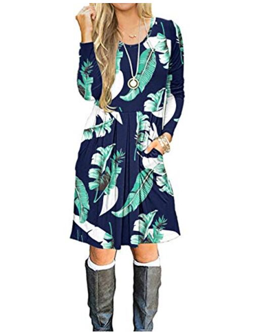 AUSELILY Women's Long Sleeve Pleated Loose Swing Casual Dress with Pockets Knee Length