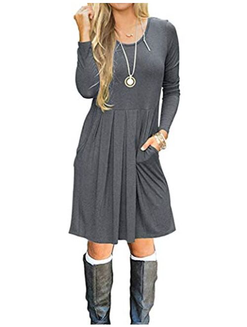 AUSELILY Women's Long Sleeve Pleated Loose Swing Casual Dress with Pockets Knee Length