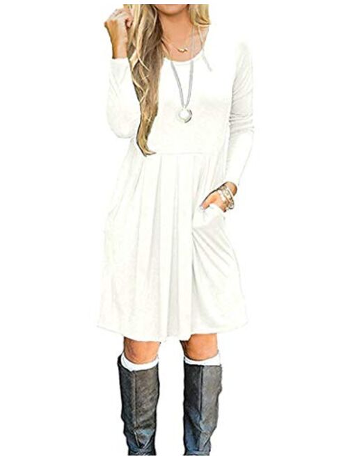 AUSELILY Women's Long Sleeve Pleated Loose Swing Casual Dress with Pockets Knee Length