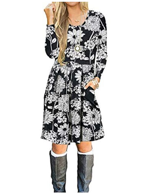 AUSELILY Women's Long Sleeve Pleated Loose Swing Casual Dress with Pockets Knee Length