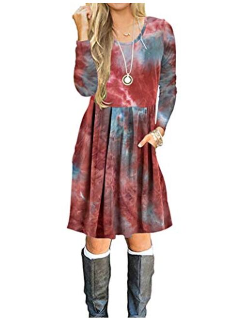 AUSELILY Women's Long Sleeve Pleated Loose Swing Casual Dress with Pockets Knee Length