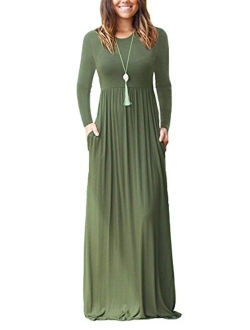 VIISHOW Long Sleeve Loose Plain Empire Waist Maxi Dresses Casual Long Dresses With Pockets