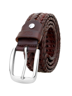 Falari Men Leather Hand Braided Belt Stainless Steel Buckle Casual Dress Belt