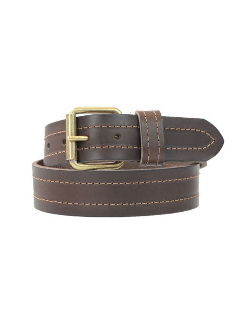 1-1/2 in. US Steer Hide Leather Double Stitch Men's Belt with Antique Brass Finish Roller Buckle