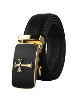 Men's Dress Belt Genuine Leather Automatic Buckle Ratchet Belt, Adjustable Exact Fit Belt