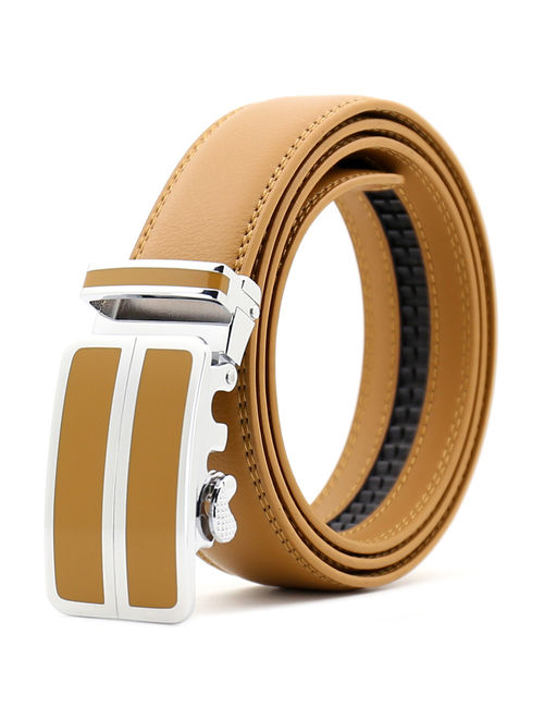 Men's Dress Belt Genuine Leather Automatic Buckle Ratchet Belt, Adjustable Exact Fit Belt