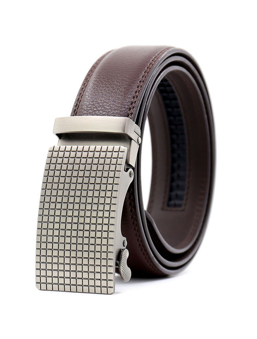 Men's Dress Belt Genuine Leather Automatic Buckle Ratchet Belt, Adjustable Exact Fit Belt