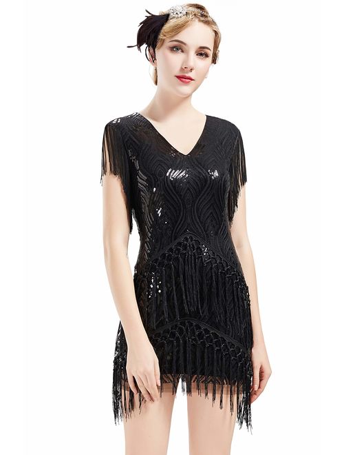 BABEYOND 1920s Flapper Dress Long Fringed Gatsby Dress Roaring 20s Sequins Beaded Embellished Dress Vintage Art Deco Dress