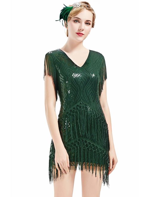 BABEYOND 1920s Flapper Dress Long Fringed Gatsby Dress Roaring 20s Sequins Beaded Embellished Dress Vintage Art Deco Dress