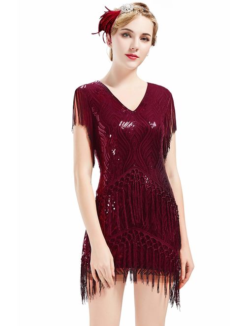 BABEYOND 1920s Flapper Dress Long Fringed Gatsby Dress Roaring 20s Sequins Beaded Embellished Dress Vintage Art Deco Dress