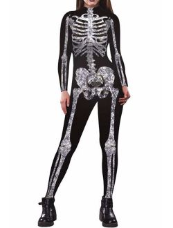 Fixmatti Women Halloween Costume Skeleton Print Bodycon Catsuit Jumpsuit