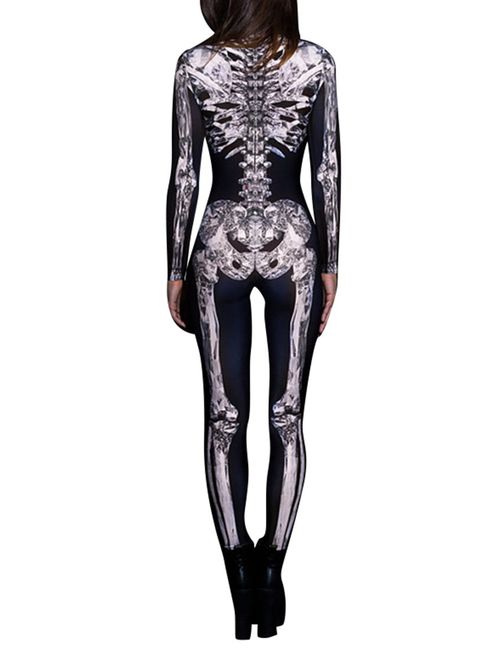 Fixmatti Women Halloween Costume Skeleton Print Bodycon Catsuit Jumpsuit