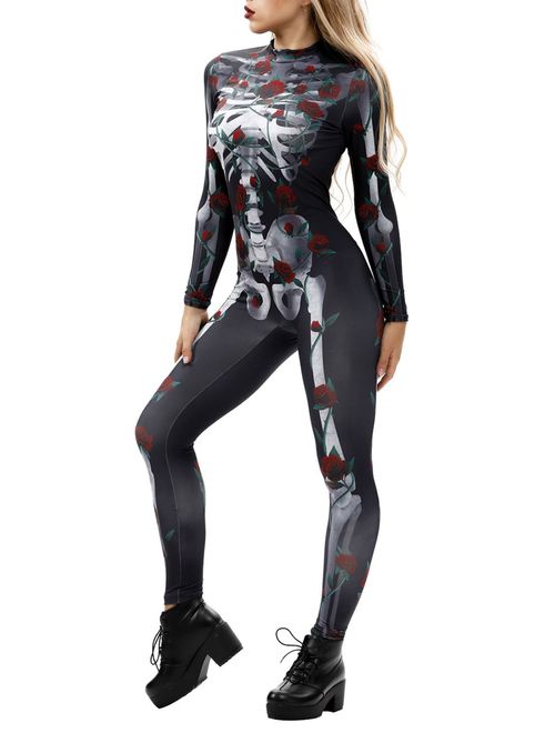 Fixmatti Women Halloween Costume Skeleton Print Bodycon Catsuit Jumpsuit