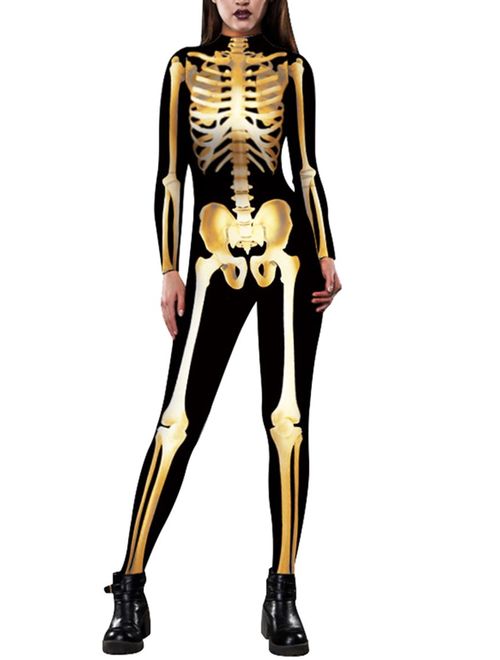 Fixmatti Women Halloween Costume Skeleton Print Bodycon Catsuit Jumpsuit