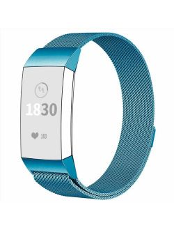 POY Metal Replacement Bands For Fitbit Charge 3 and Charge 3 SE Fitness Activity Tracker, Milanese Loop Stainless Steel Bracelet Strap with Unique Magnet Lock for Women M