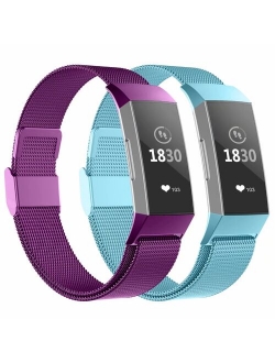 POY Metal Replacement Bands For Fitbit Charge 3 and Charge 3 SE Fitness Activity Tracker, Milanese Loop Stainless Steel Bracelet Strap with Unique Magnet Lock for Women M