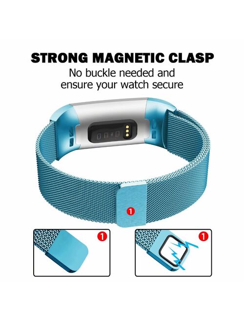 POY Metal Replacement Bands For Fitbit Charge 3 and Charge 3 SE Fitness Activity Tracker, Milanese Loop Stainless Steel Bracelet Strap with Unique Magnet Lock for Women M