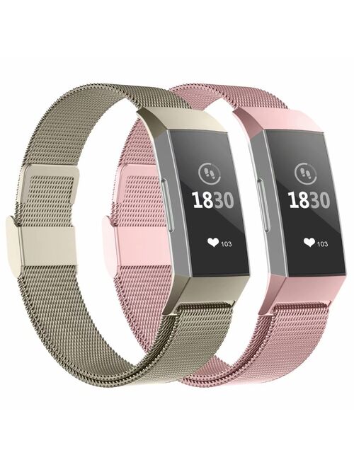 POY Metal Replacement Bands For Fitbit Charge 3 and Charge 3 SE Fitness Activity Tracker, Milanese Loop Stainless Steel Bracelet Strap with Unique Magnet Lock for Women M