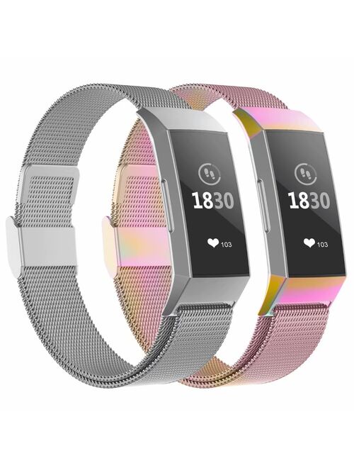 POY Metal Replacement Bands For Fitbit Charge 3 and Charge 3 SE Fitness Activity Tracker, Milanese Loop Stainless Steel Bracelet Strap with Unique Magnet Lock for Women M