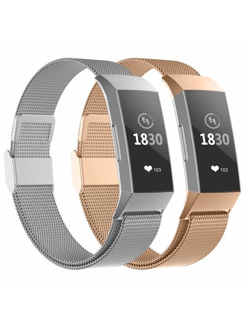 POY Metal Replacement Bands For Fitbit Charge 3 and Charge 3 SE Fitness Activity Tracker, Milanese Loop Stainless Steel Bracelet Strap with Unique Magnet Lock for Women M