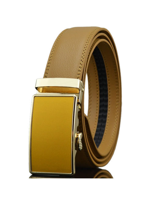 Men's Dress Belt Genuine Leather Automatic Buckle Ratchet Belt, Adjustable Exact Fit Belt