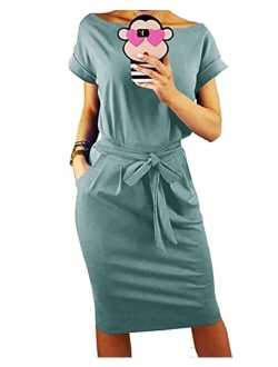 Women's 2019 Casual Short Sleeve Party Bodycon Sheath Belted Dress with Pockets