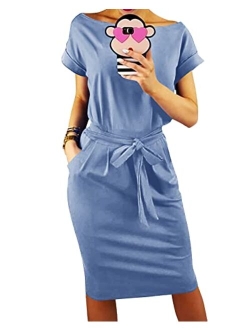 Women's 2019 Casual Short Sleeve Party Bodycon Sheath Belted Dress with Pockets