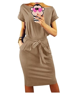 Women's 2019 Casual Short Sleeve Party Bodycon Sheath Belted Dress with Pockets