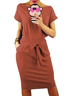 Women's 2019 Casual Short Sleeve Party Bodycon Sheath Belted Dress with Pockets