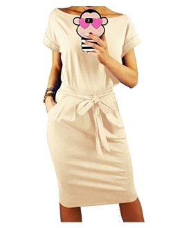 Women's 2019 Casual Short Sleeve Party Bodycon Sheath Belted Dress with Pockets