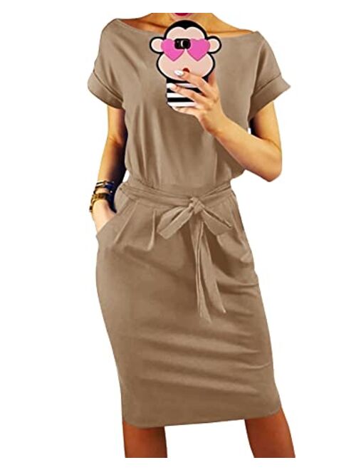 PRETTYGARDEN Women's 2019 Casual Short Sleeve Party Bodycon Sheath Belted Dress with Pockets