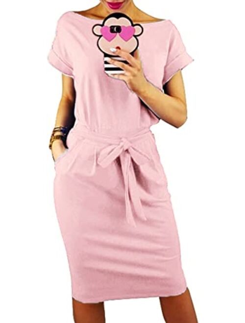 PRETTYGARDEN Women's 2019 Casual Short Sleeve Party Bodycon Sheath Belted Dress with Pockets