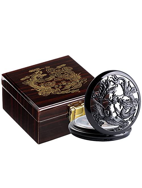 ManChDa Mens Antique Mechanical Pocket Watch Lucky Dragon & Phoenix Retro Skeleton Dial with Chain + Gift Box