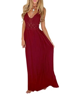 LILBETTER Women's Beach Crochet Backless Bohemian Halter Maxi Long Dress