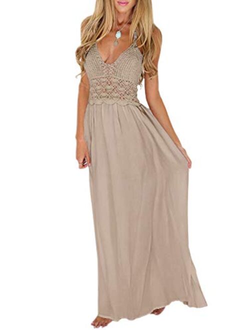 LILBETTER Women's Beach Crochet Backless Bohemian Halter Maxi Long Dress