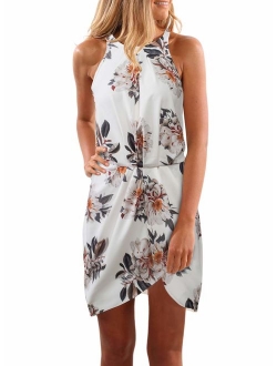 Womens Summer Halter Neck Floral Print Sleeveless Casual Mini Dress