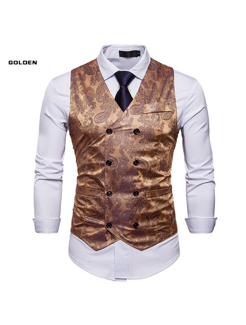 Mens Double Breasted Suit Vest Slim Fit Business Formal Wedding Dress Waistcoat