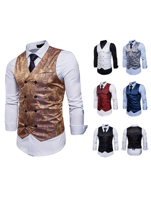 Mens Double Breasted Suit Vest Slim Fit Business Formal Wedding Dress Waistcoat