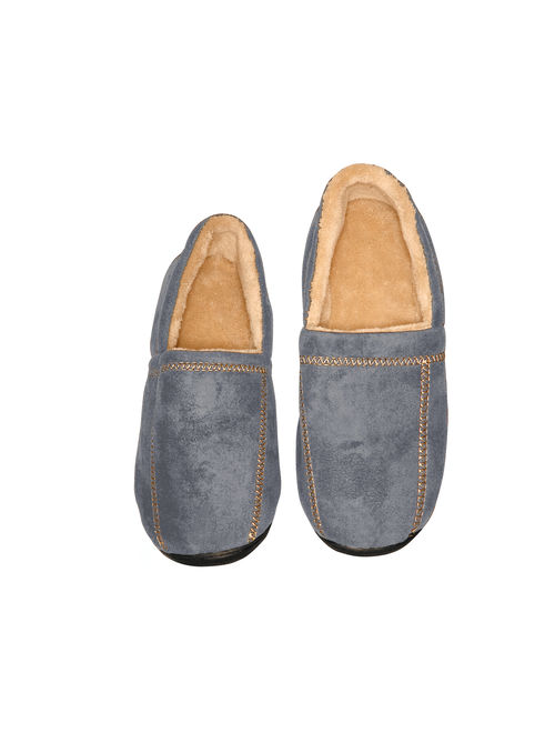 Deluxe Comfort Modern Moccasin Memory Foam Men's Slipper, Size 11-12 Stylish Microsuede Long-Lasting Memory Foam Warm Fleece Lining Men's Slippers, Grey