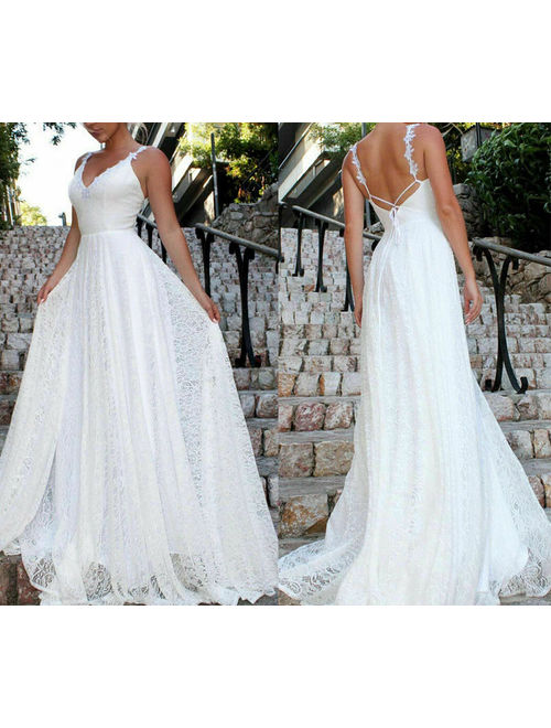 Women Lace Evening Party Ball Prom Gown Formal Cocktail Wedding Long Dress White Size S